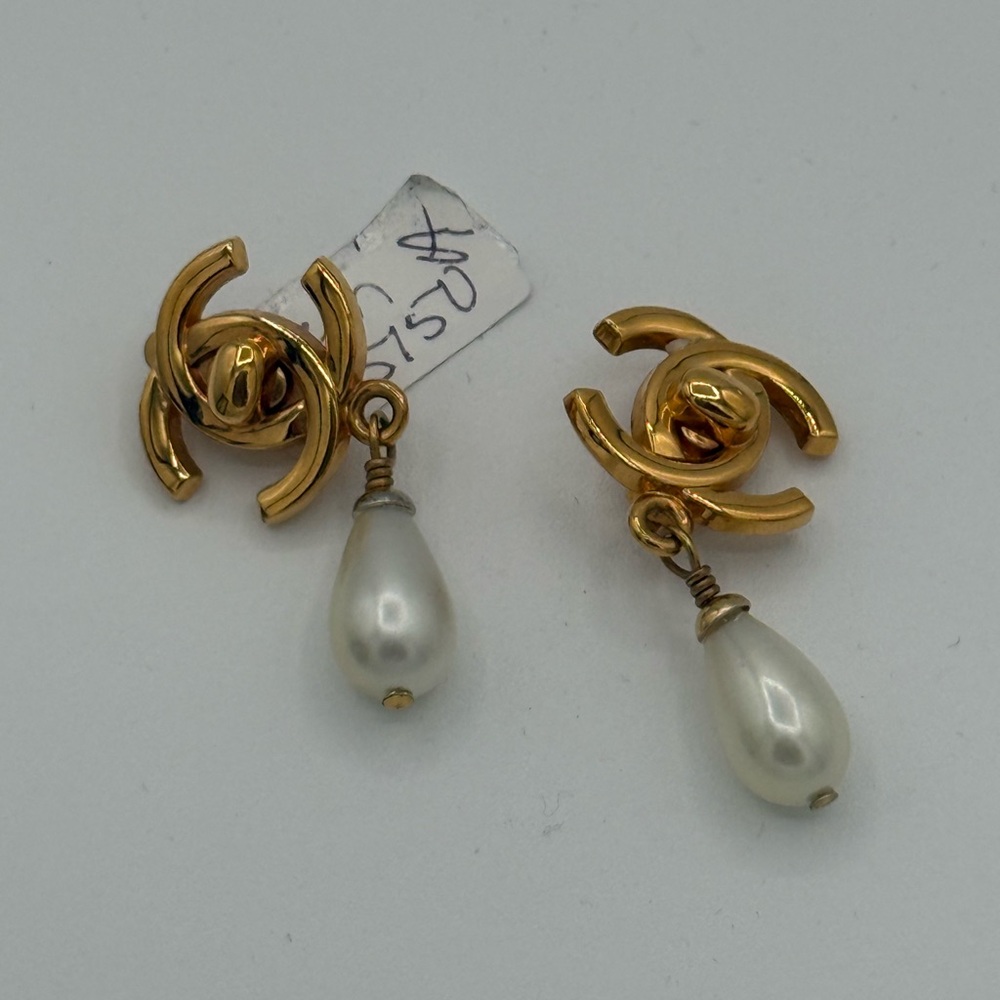 CHANEL Gold and White Pearl Earrings